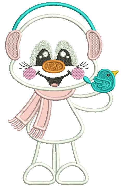 Snowman Holding Little Bird Christmas Applique Machine Embroidery Design Digitized Pattern