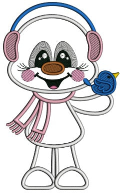 Snowman Holding Little Bird Christmas Applique Machine Embroidery Design Digitized Pattern