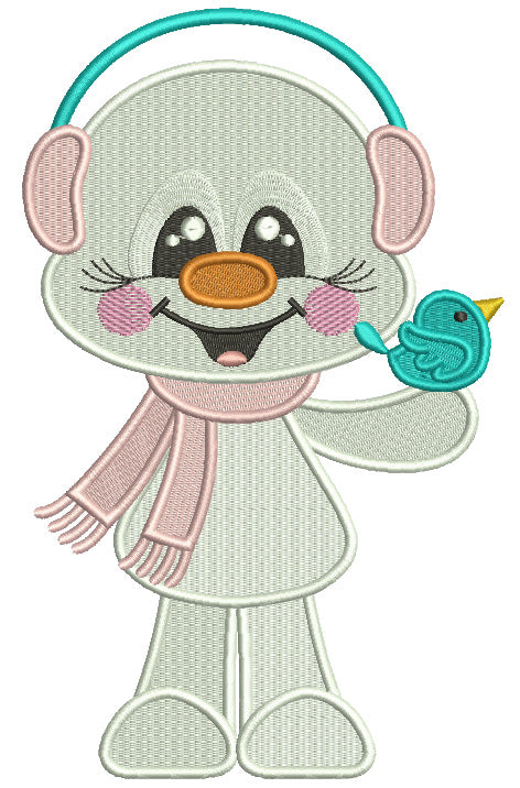 Snowman Holding Little Bird Christmas Filled Machine Embroidery Design Digitized Pattern