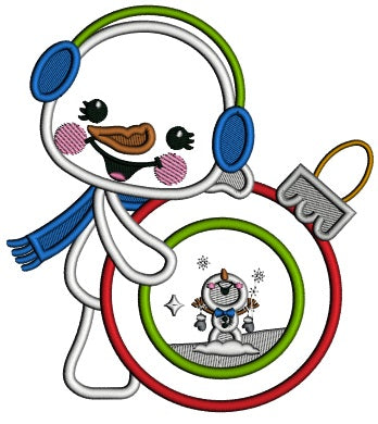 Snowman Holding Ornament With Snow Christmas Applique Machine Embroidery Design Digitized Pattern