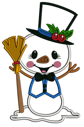 Snowman Holding a Broom And Wearing Big Hat Applique Machine Embroidery Design Digitized Pattern
