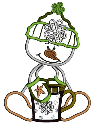Snowman Holding a Cup of Hot Chocolate Applique Machine Embroidery Design Digitized Pattern