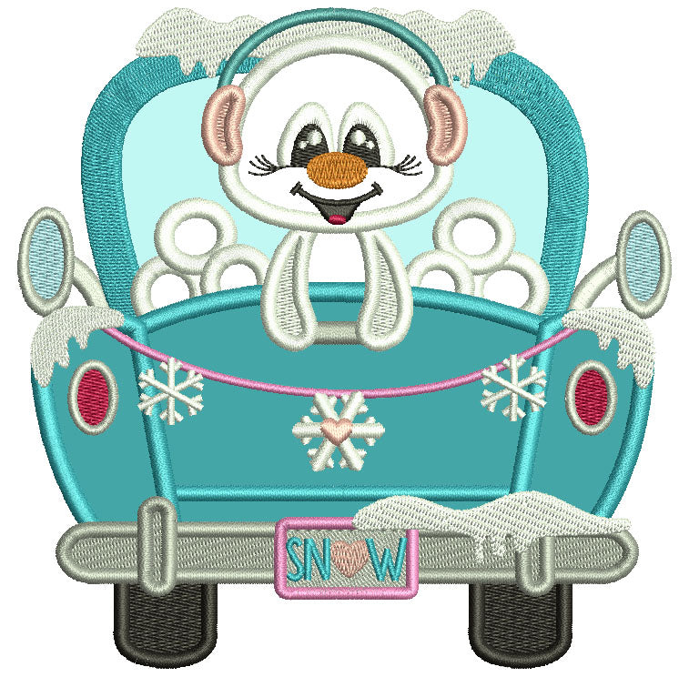 Snowman In The Back Of The Truck With Snow Licence Plate Christmas Applique Machine Embroidery Design Digitized Pattern