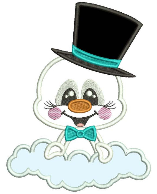 Snowman On The Cloud Wearing a Big Hat Christmas Applique Machine Embroidery Design Digitized Pattern