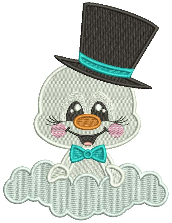 Snowman On The Cloud Wearing a Big Hat Christmas Filled Machine Embroidery Design Digitized Pattern