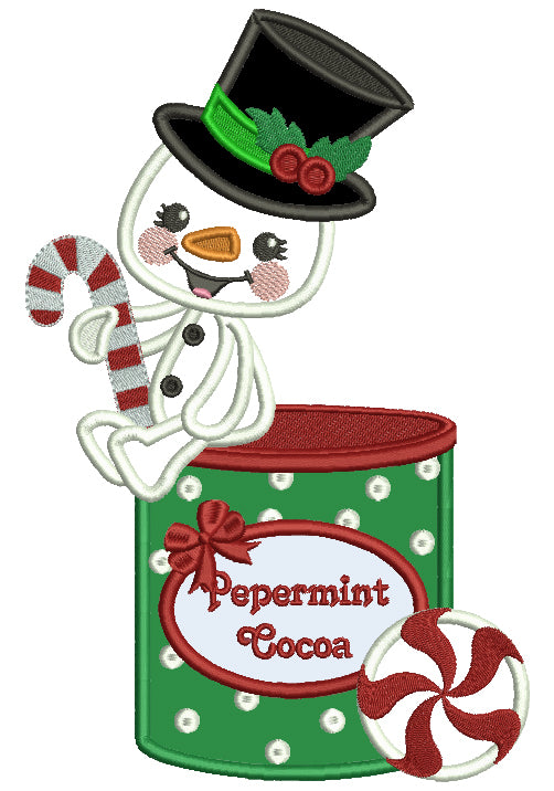 Snowman Sitting of a Can Of Peppermint Cocoa Christmas Applique Machine Embroidery Design Digitized Pattern