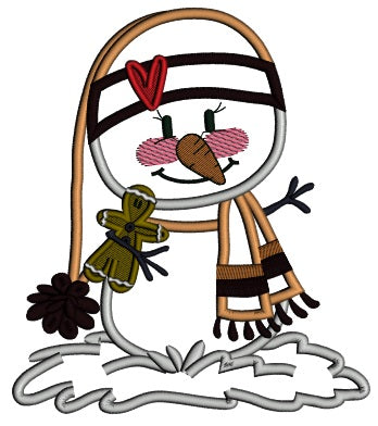 Snowman Wearing Scarf And a Hat Holding Gingerbread Man Christmas Applique Machine Embroidery Design Digitized Pattern