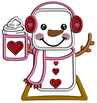Snowman With Heart Holding Hot Cocoa Valentine's Day Applique Machine Embroidery Design Digitized Pattern