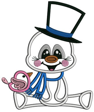 Snowman With Huge Hat and Little Bird Christmas Applique Machine Embroidery Design Digitized Pattern