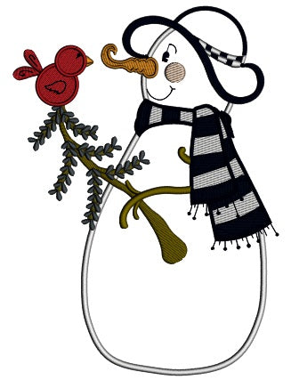 Snowman With Red Robin Christmas Applique Machine Embroidery Design Digitized Pattern