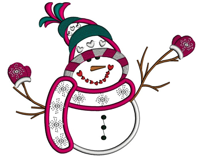 Snowman With Warm Scarf Wearing Snow Mittens Christmas Applique Machine Embroidery Digitized Design Pattern