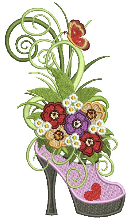 Spring Ornamental Shoe With Fancy Flowers Filled Machine Embroidery Design Digitized Pattern