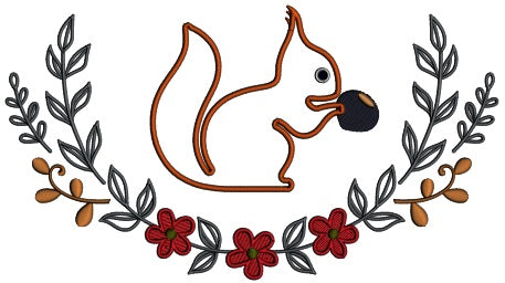 Squirrel Eating Nuts Floral Arrangement Applique Machine Embroidery Design Digitized Pattern