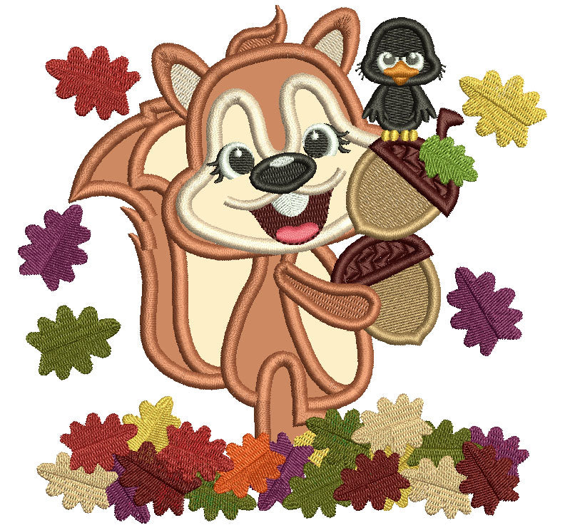 Squirrel Holding Acorns With Little Crow Fall Leaves Applique Machine Embroidery Design Digitized Pattern