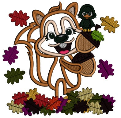 Squirrel Holding Acorns With Little Crow Fall Leaves Applique Machine Embroidery Design Digitized Pattern