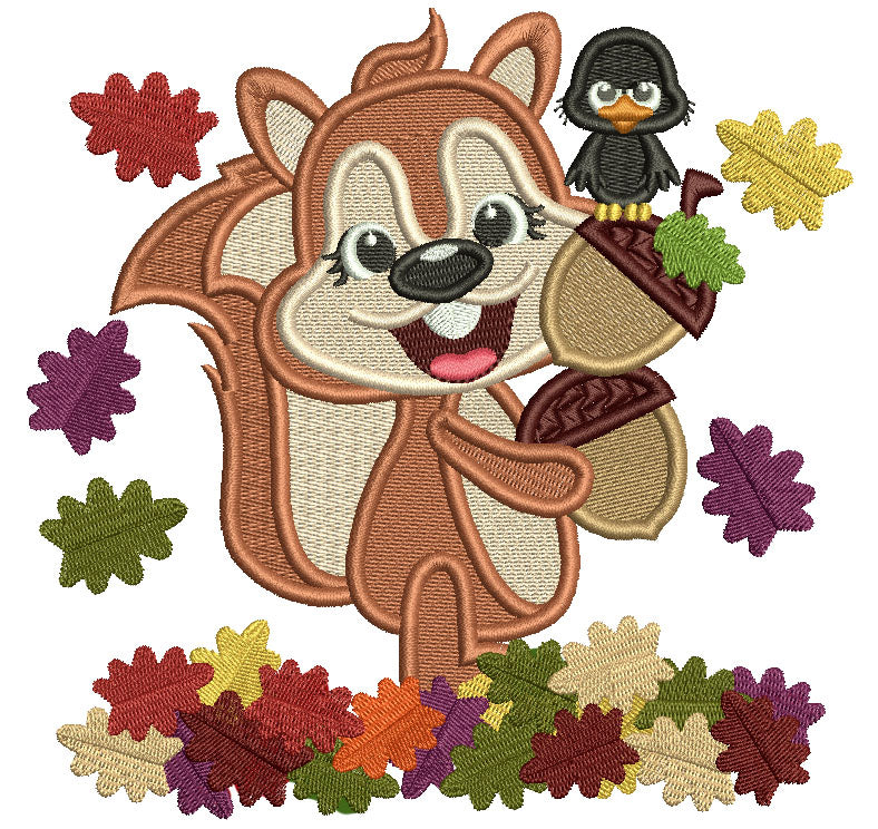 Squirrel Holding Acorns With Little Crow Fall Leaves Filled Machine Embroidery Design Digitized Pattern