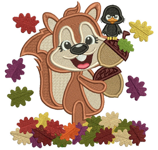 Squirrel Holding Acorns With Little Crow Fall Leaves Filled Machine Embroidery Design Digitized Pattern