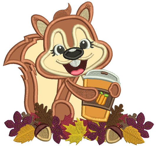 Squirrel Holding Warm Drink Thanksgiving Applique Machine Embroidery Design Digitized Pattern