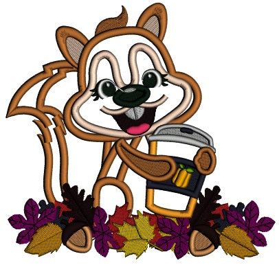 Squirrel Holding Warm Drink Thanksgiving Applique Machine Embroidery Design Digitized Pattern