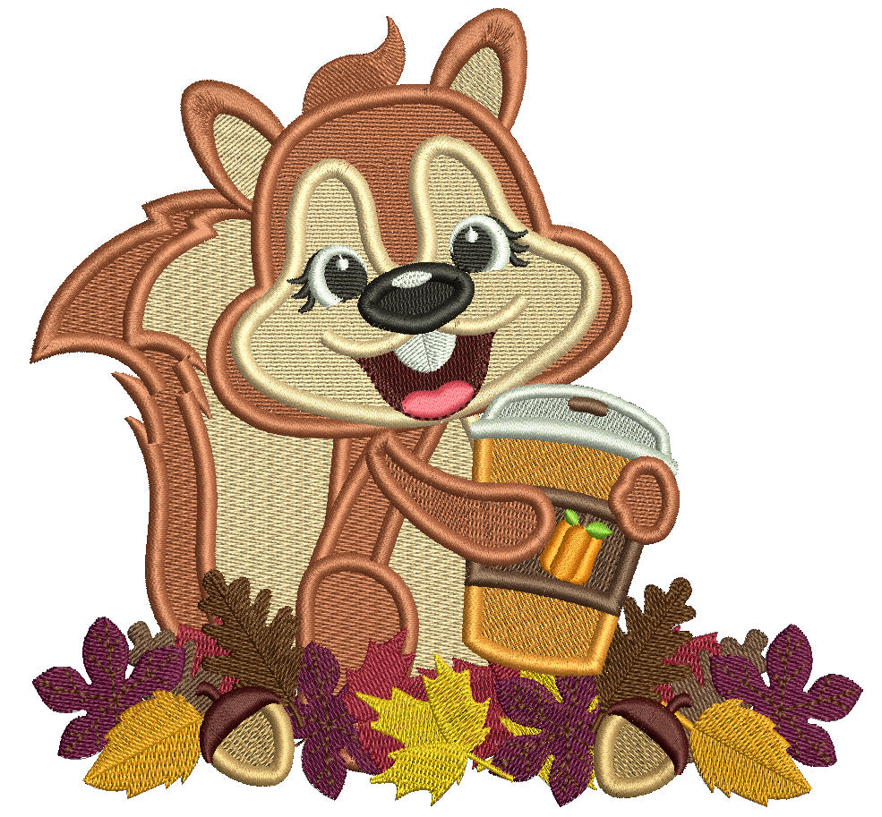Squirrel Holding Warm Drink Thanksgiving Filled Machine Embroidery Design Digitized Pattern