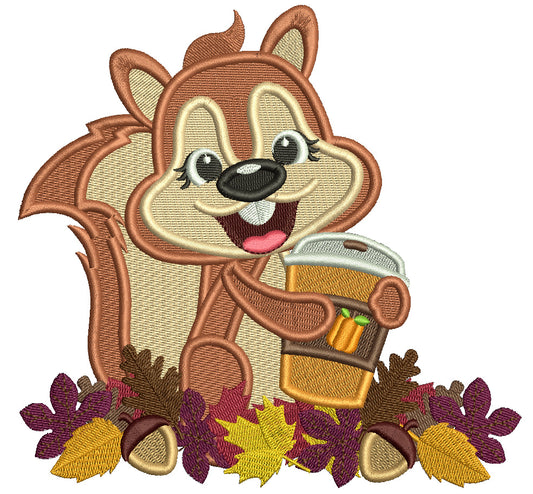 Squirrel Holding Warm Drink Thanksgiving Filled Machine Embroidery Design Digitized Pattern