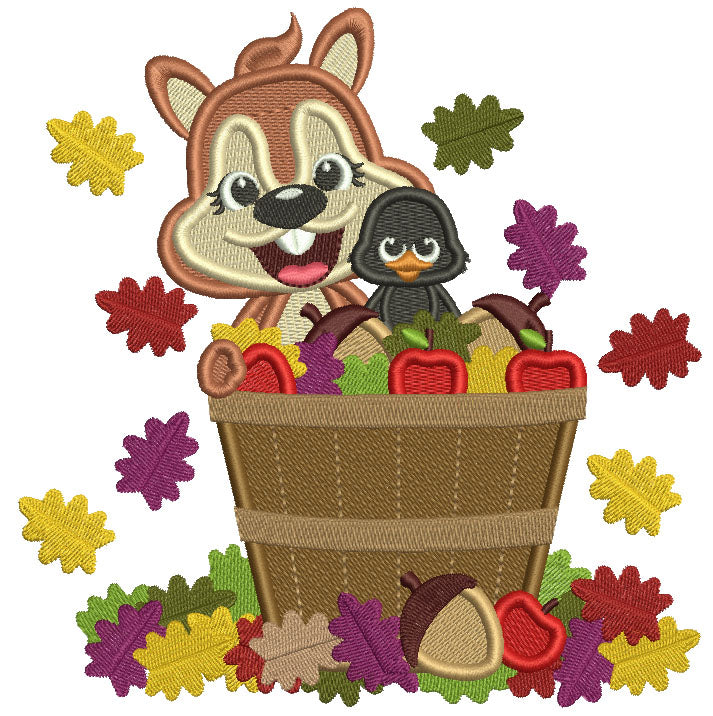 Squirrel Sitting In The Basket With Acorns And Leaves Fall Filled Machine Embroidery Design Digitized Pattern