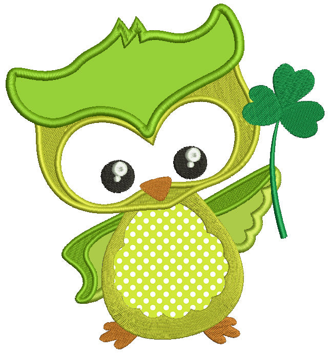 St Patrick's Day Owl Holding Shamrock Irish Applique Machine Embroidery Design Digitized Pattern