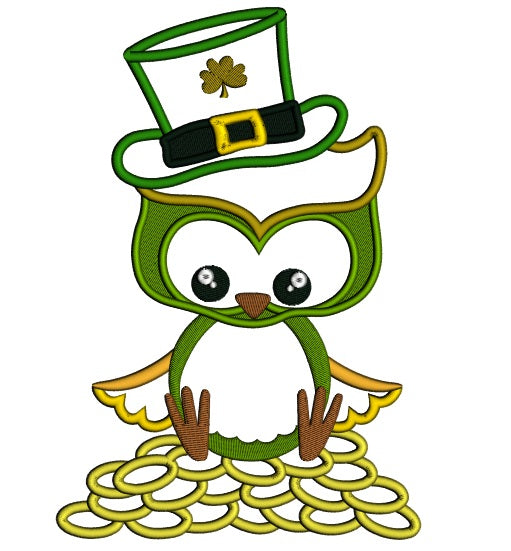 St Patrick's Day Owl Sitting on Gold Coins Irish Applique Machine Embroidery Design Digitized Pattern