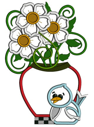 Strawberry Vase With Flowers And Bird Applique Machine Embroidery Design Digitized Pattern