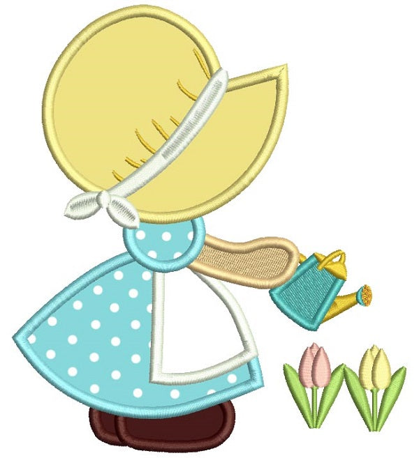 Sunbonnet Doll Watering Plants Applique Machine Embroidery Design Digitized Pattern