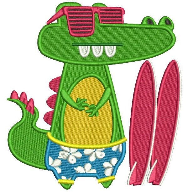 Surfer Gator Wearing Sunglasses Filled Machine Embroidery Design Digitized Pattern