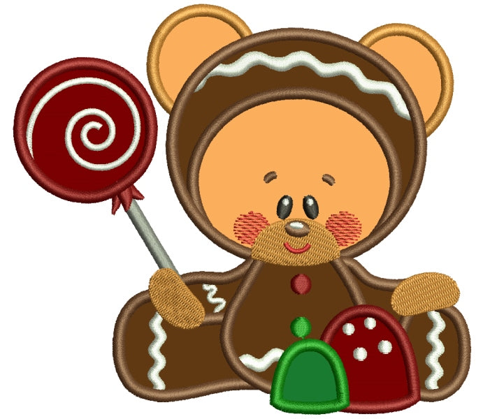Teddy Bear With Lollipop Applique Machine Embroidery Digitized Design Pattern