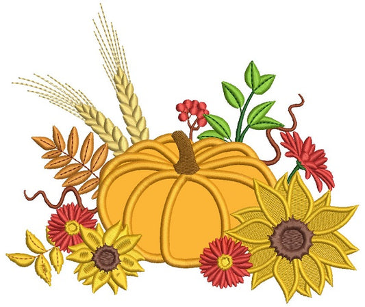 Thanksgiving Pumpkin With Flowers Applique Machine Embroidery Design Digitized Pattern