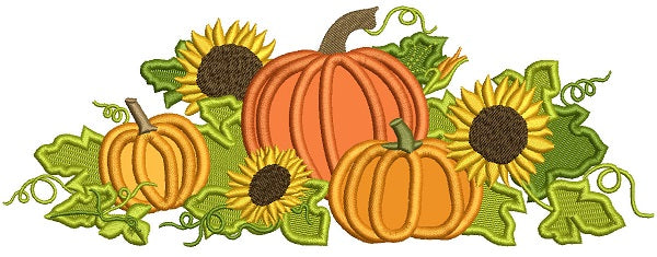 Thanksgiving Cornucopia WIth Pumpkins and Sunflowers Applique Machine Embroidery Design Digitized Pattern