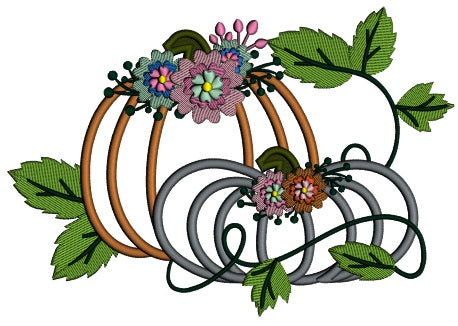 Thanksgiving Pumpkins With Flowers Applique Machine Embroidery Design Digitized Pattern