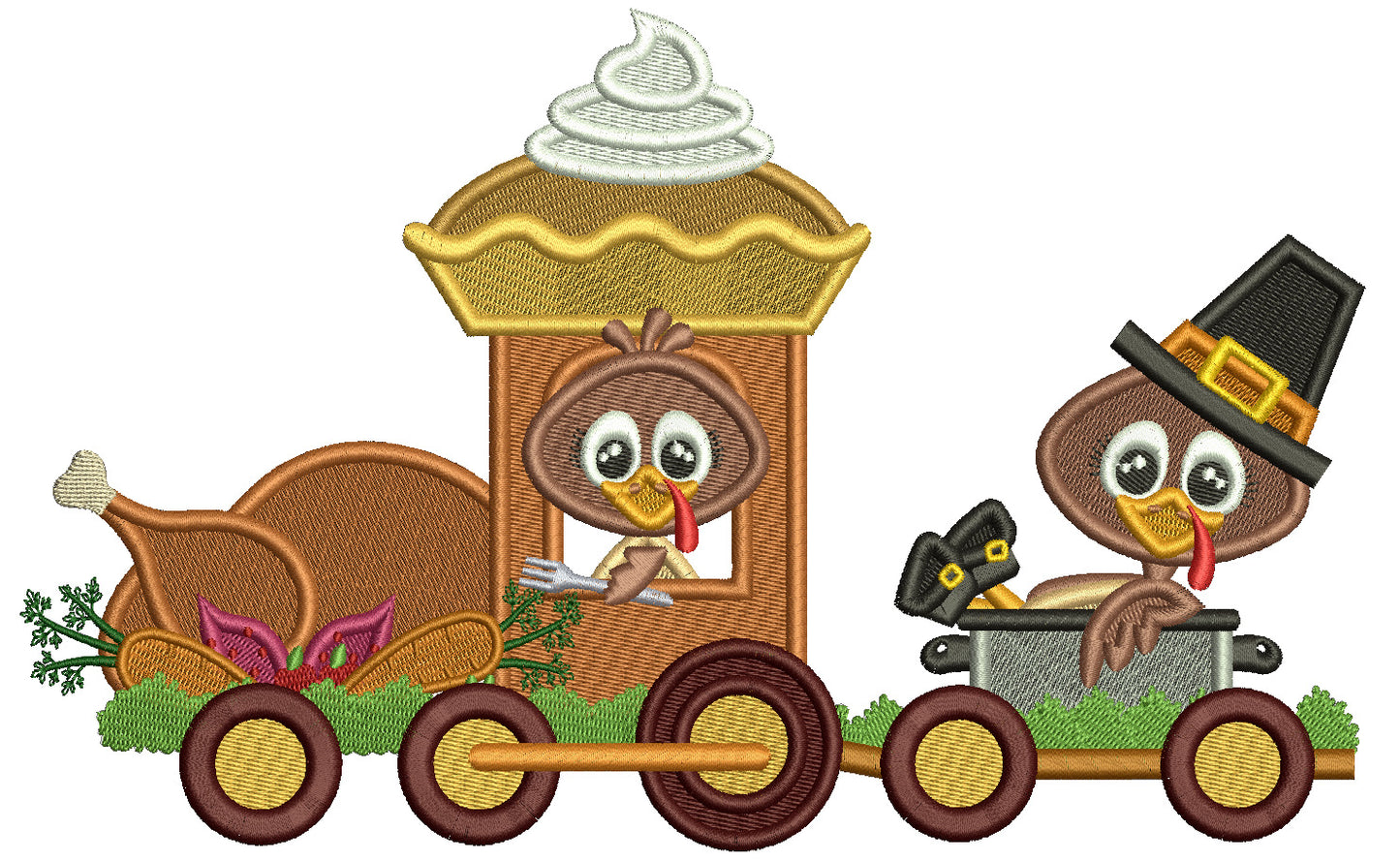 Thanksgiving Train With Two Turkeys Filled Machine Embroidery Design Digitized Pattern