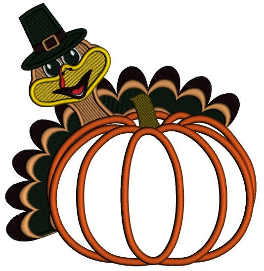 Thanksgiving Turkey Behind Pumpkin Applique Machine Embroidery Design Digitized Patter