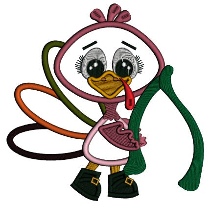 Thanksgiving Turkey Holding a Wish Bone Applique Machine Embroidery Design Digitized Pattern