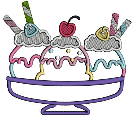 The Scoops Of Ice Cream With Cherry On Top Applique Machine Embroidery Design Digitized Pattern