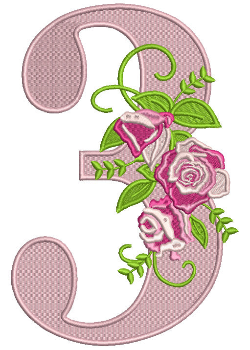 Third Birthday With Flowers Filled Machine Embroidery Design Digitized Pattern