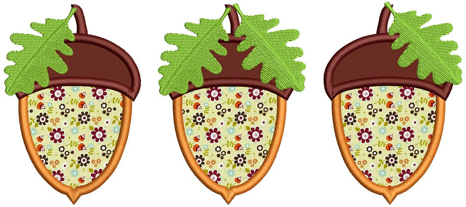 Three Acorn Fall Applique Machine Embroidery Design Digitized Pattern