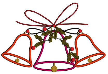 Three Christmas Bells With Ribbon Applique Machine Embroidery Design Digitized Pattern