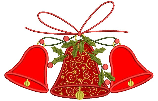 Three Christmas Bells With Ribbon Applique Machine Embroidery Design Digitized Pattern
