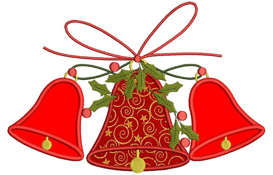 Three Christmas Bells With Ribbon Applique Machine Embroidery Design Digitized Pattern
