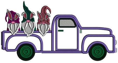 Three Gnomes In The Truck Easter Applique Machine Embroidery Design Digitized Pattern