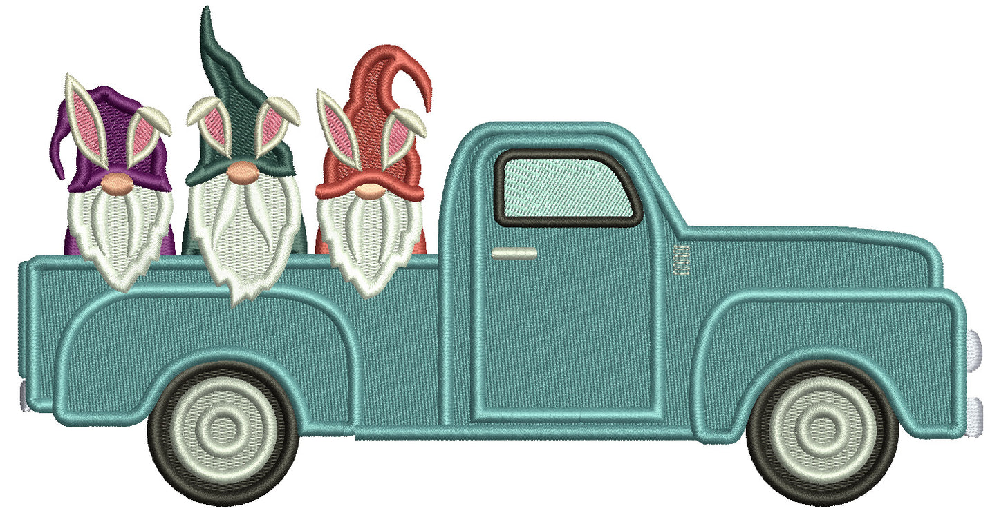 Three Gnomes In The Truck Easter Filled Machine Embroidery Design Digitized Pattern