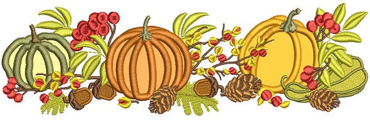 Three Pumpkins Acorns and Leaves Fall Applique Thanksgiving Machine Embroidery Design Digitized Pattern
