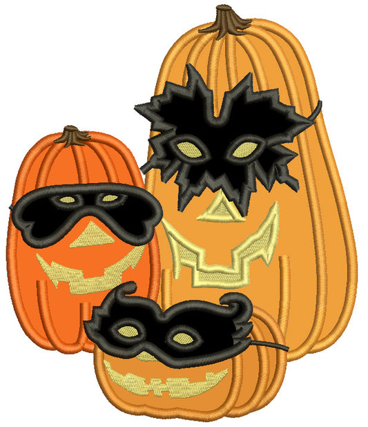 Three Pumpkins Wearing Face Masks Halloween Applique Machine Embroidery Design Digitized Pattern