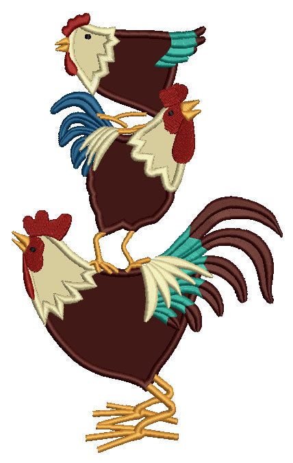 Three Roosters Farm Applique Machine Embroidery Digitized Design Pattern