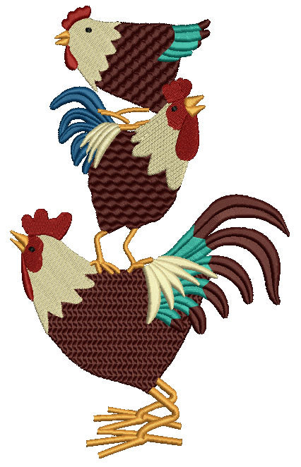 Three Roosters Farm Filled Machine Embroidery Digitized Design Pattern